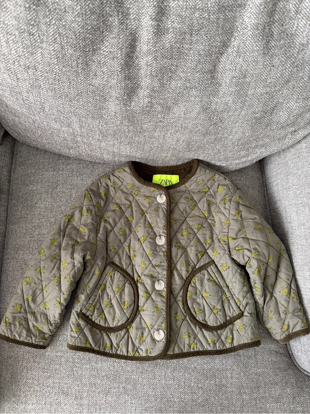 Zara Olive Green Quilted Jacket with Yellow Floral Stitching
